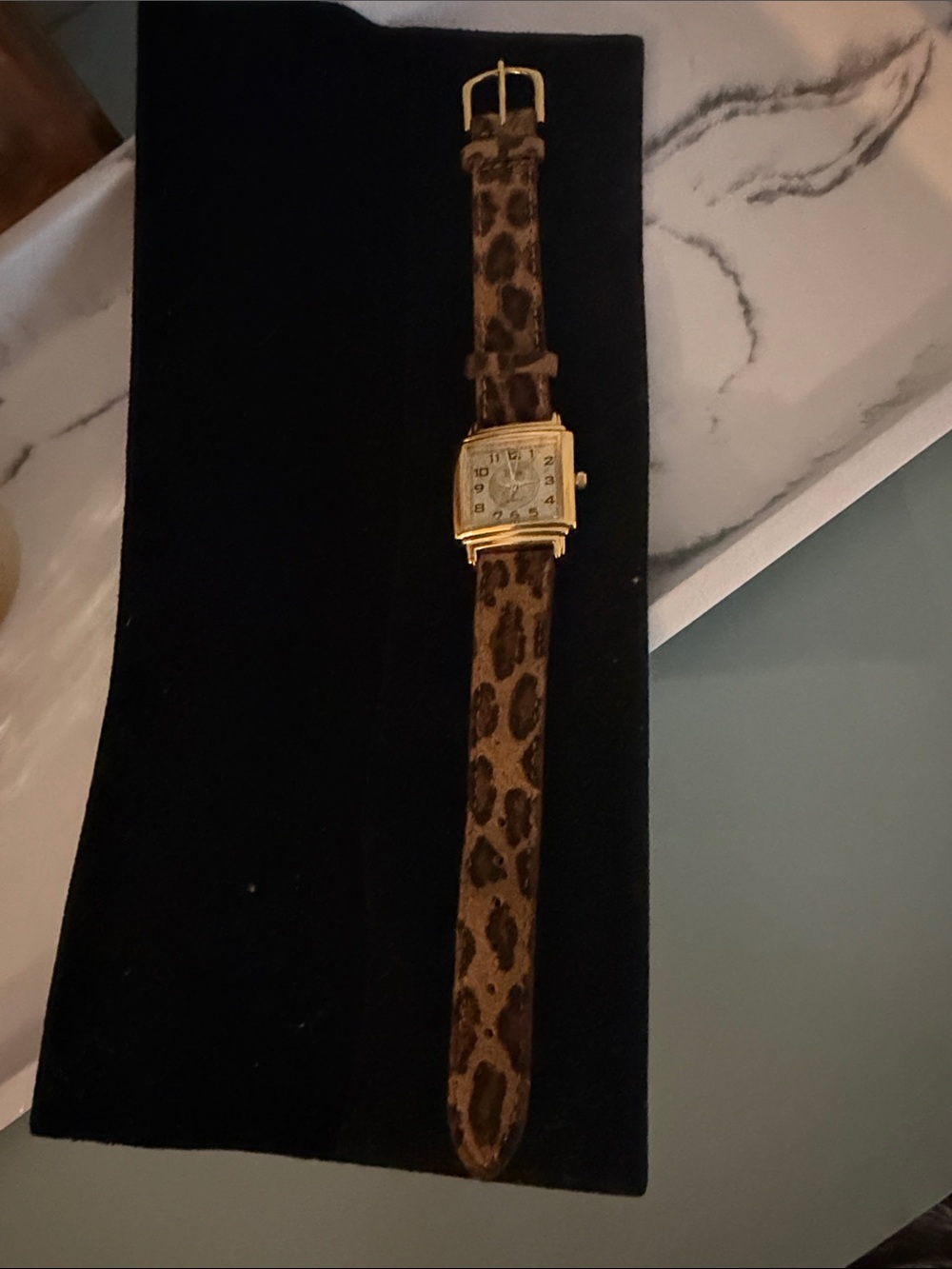 Gold Square Watch with Leopard Print Leather Strap